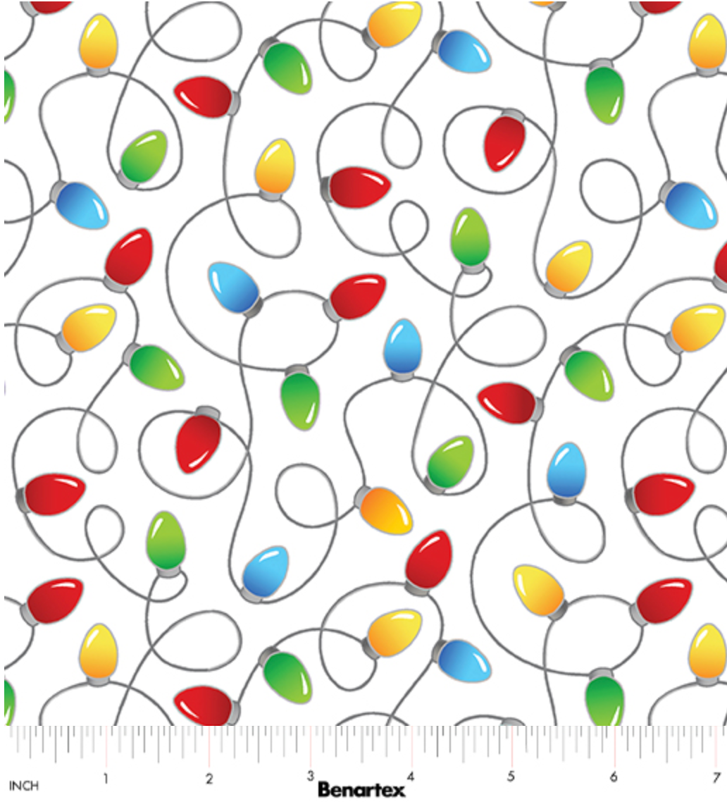 White cotton fabric with colorful holiday light strings – Country Christmas Holly Jolly Lights 14010-09 by Kanvas Studio for Benartex.