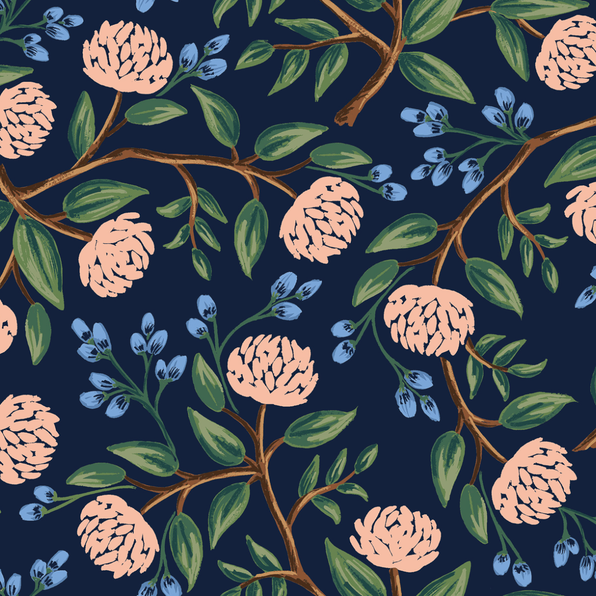 Wildwood Peonies Navy fabric by Rifle Paper Co. – peonies on navy cotton quilting fabric, 43″ wide