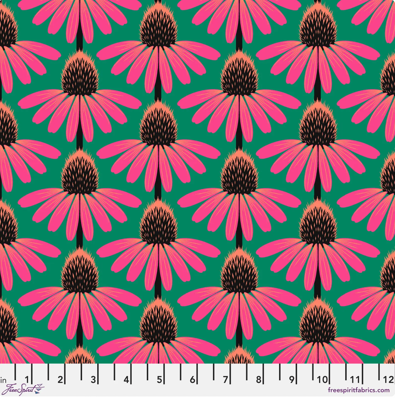 Love Always AM – Echinacea – Sunset Cotton Lawn by Anna Maria Horner featuring vibrant coral and pink echinacea flowers on a green background