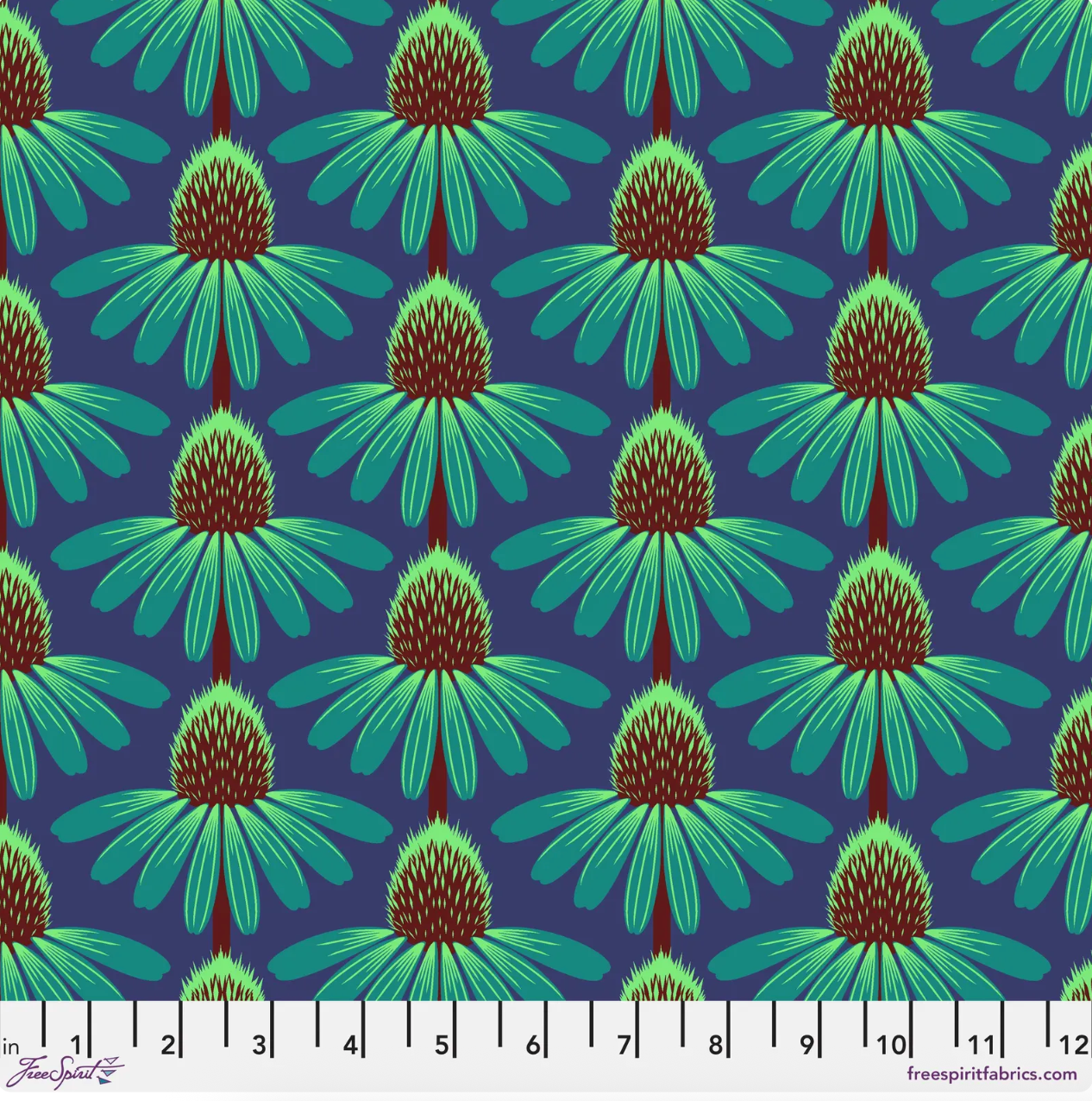Love Always AM – Echinacea – Sea Cotton Lawn by Anna Maria Horner featuring bold echinacea flowers in blue, green, and burgundy on a deep sea-blue background

