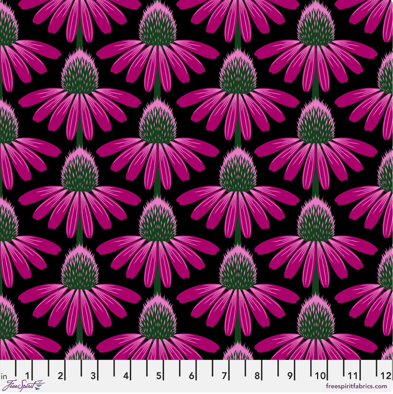 Love Always AM – Echinacea Ruby Cotton Lawn by Anna Maria Horner featuring large pink and red echinacea flowers on a ruby-red background.