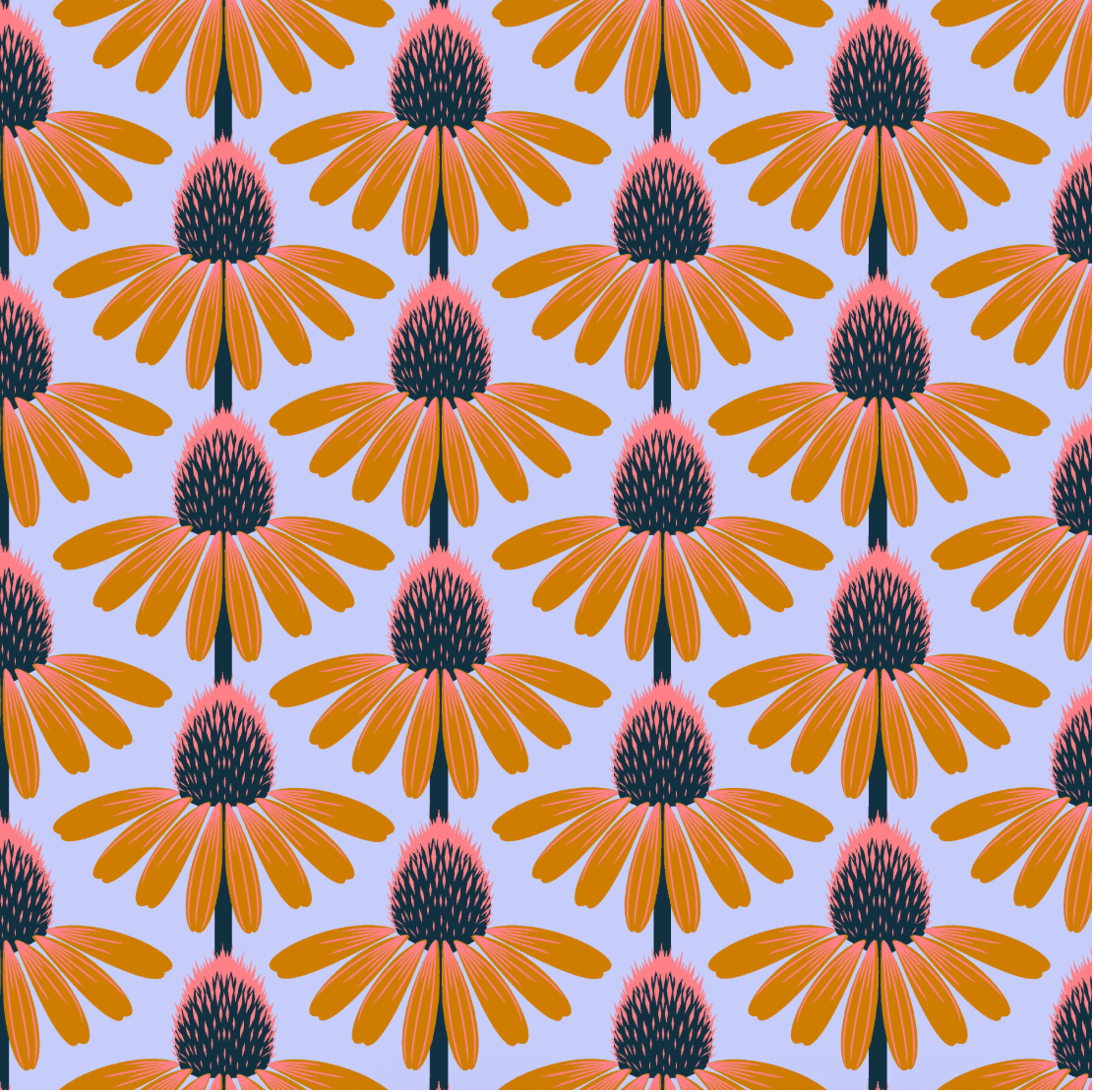 Love Always AM – Echinacea Morning Cotton Lawn by Anna Maria Horner featuring large yellow and coral echinacea flowers on a sky blue background.