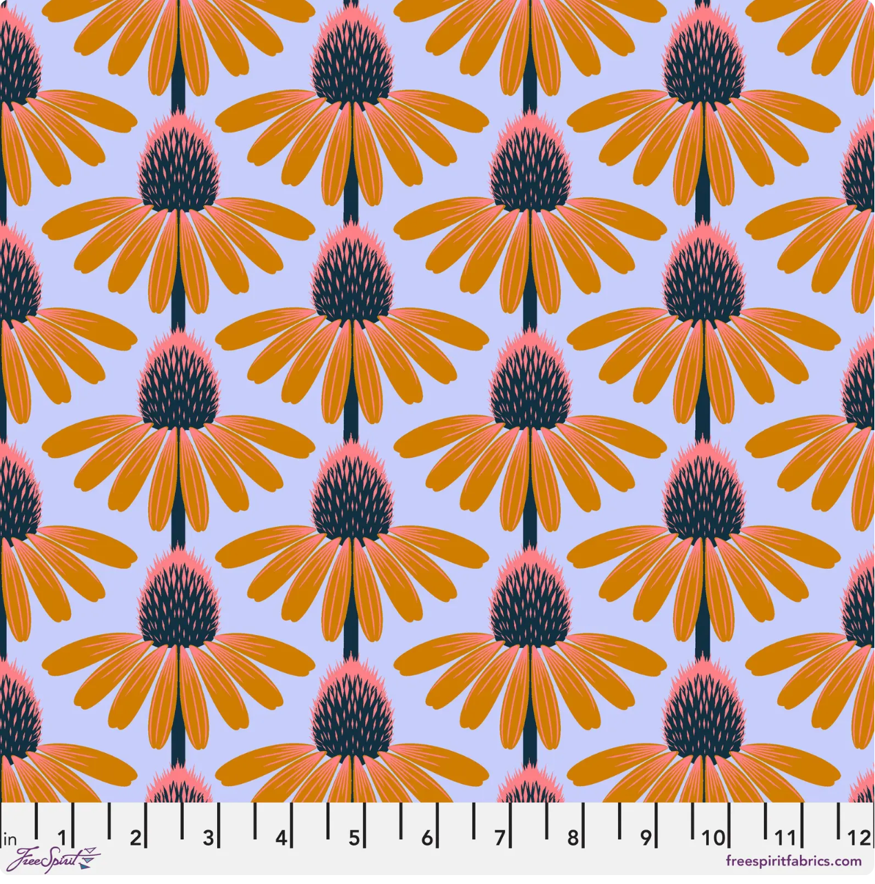 Love Always AM – Echinacea Morning Cotton Lawn by Anna Maria Horner featuring large yellow and coral echinacea flowers on a sky blue background.