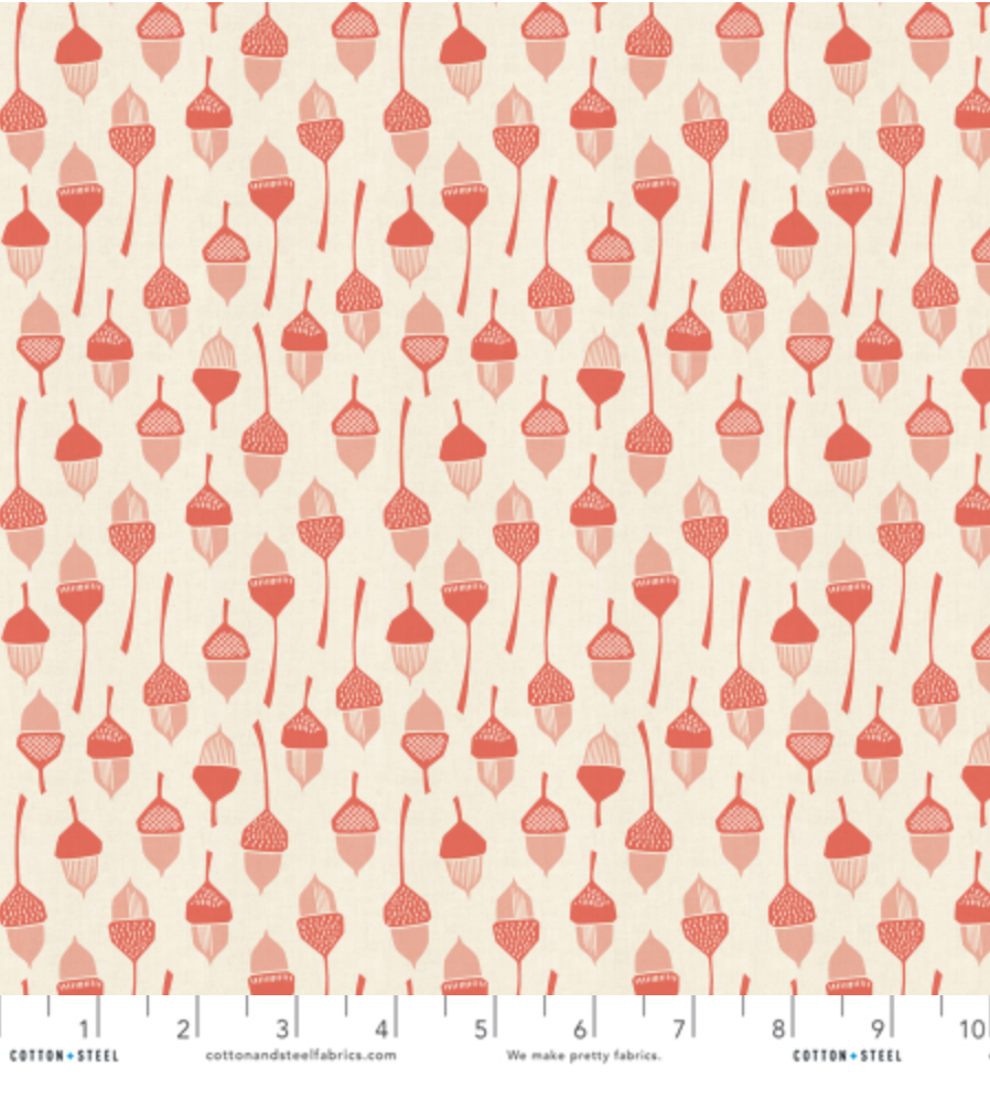 In The Woods – Acorn fabric by Loes Van Oosten featuring coral acorns on unbleached Japanese cotton by Kokka.