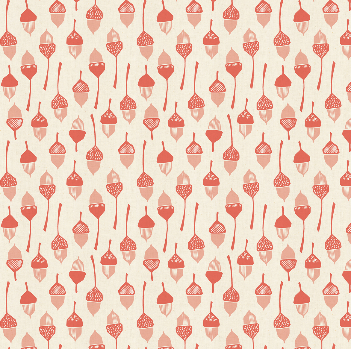 In The Woods – Acorn fabric by Loes Van Oosten featuring coral acorns on unbleached Japanese cotton by Kokka.