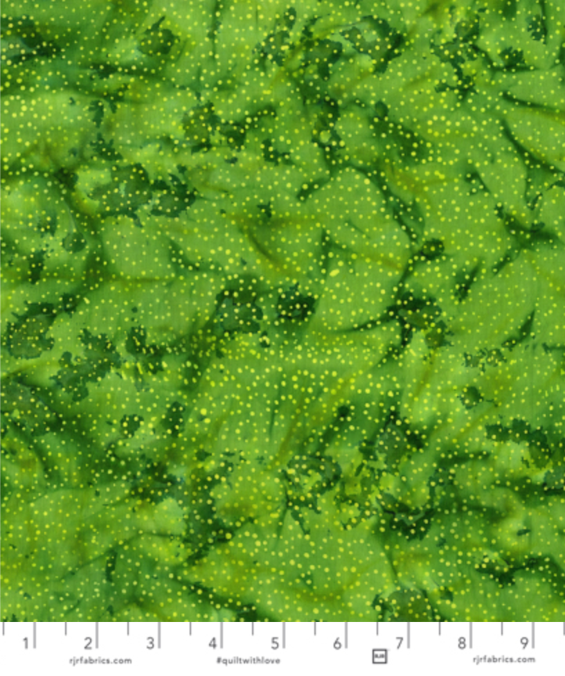 Blossom Batiks Cascade – Droplets in Grass by Flaurie & Finch – Green hand-dyed cotton fabric with organic droplet pattern.