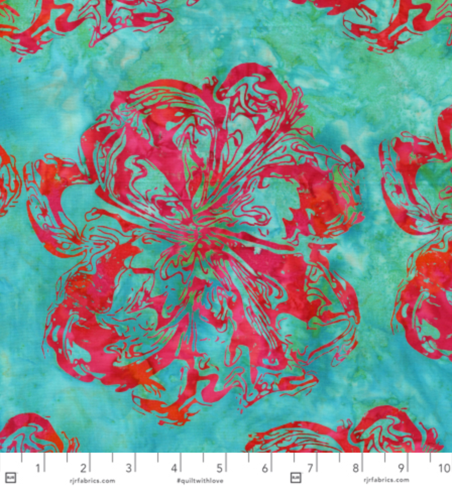 Blossom Batiks – Marble Flower in Water Lily by Flaurie & Finch – green and blue hand-dyed batik cotton fabric with floral design.