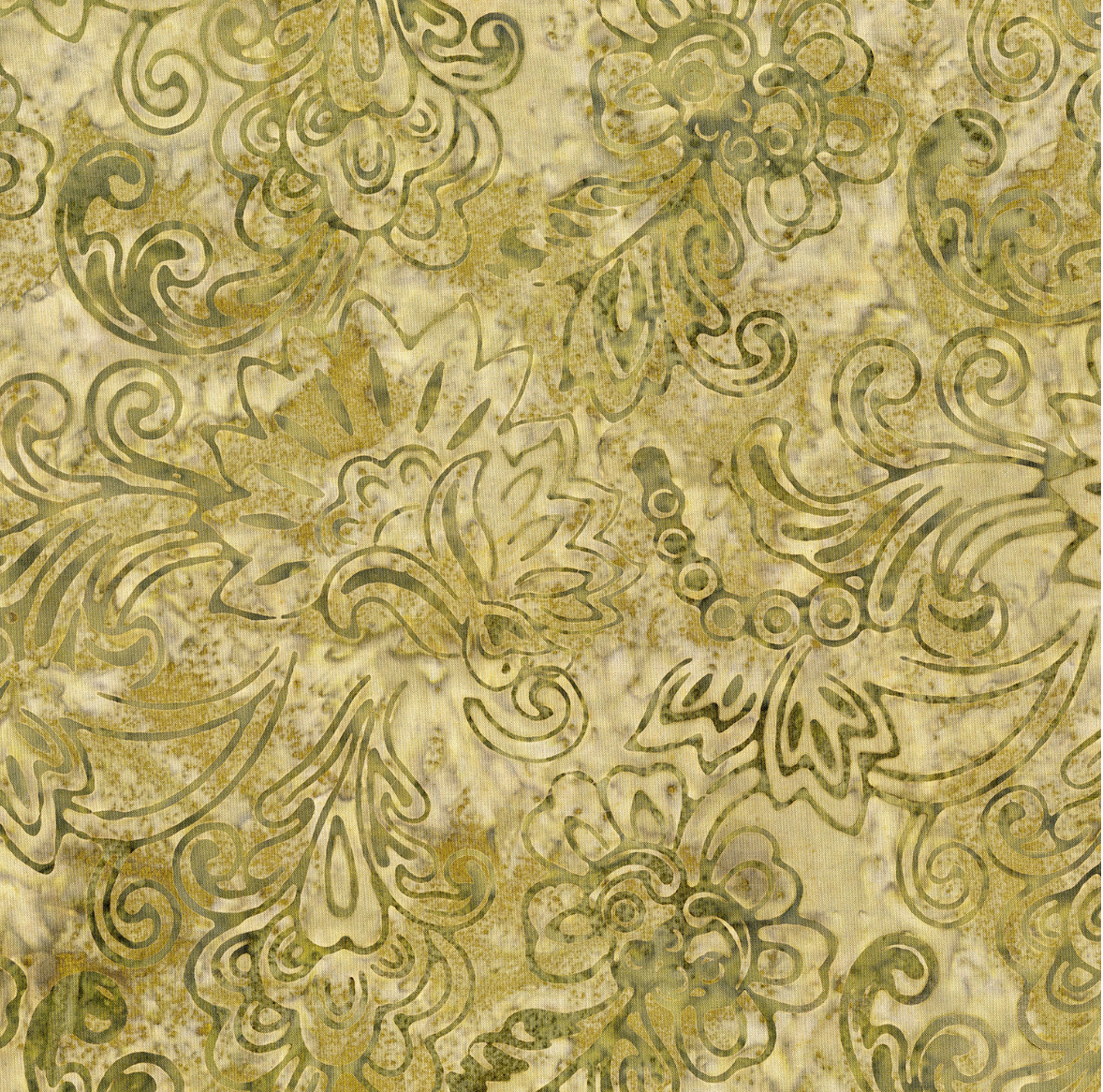 Malam Batiks V – Jacobean Sage Batik by Jinny Beyer for RJR Fabrics – hand-dyed cotton with classic green floral design.