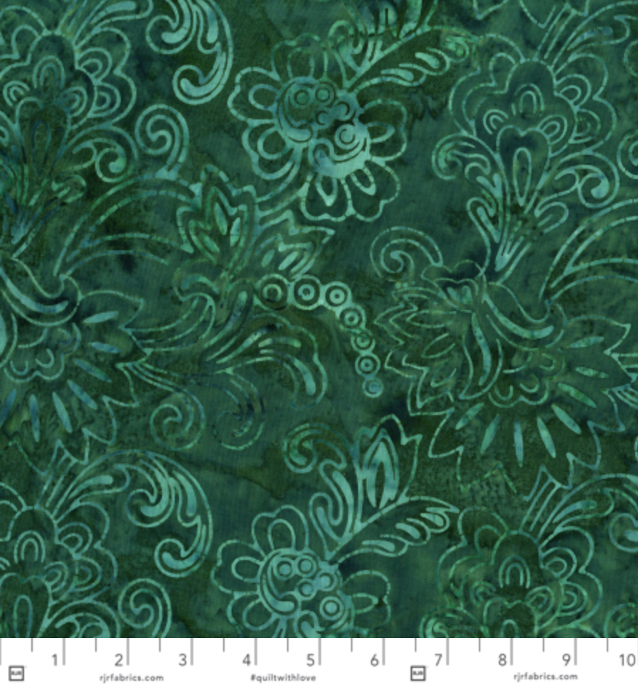 Malam Batiks V – Jacobean Dark Teal Batik Fabric by Jinny Beyer – hand-dyed floral print cotton in rich teal.