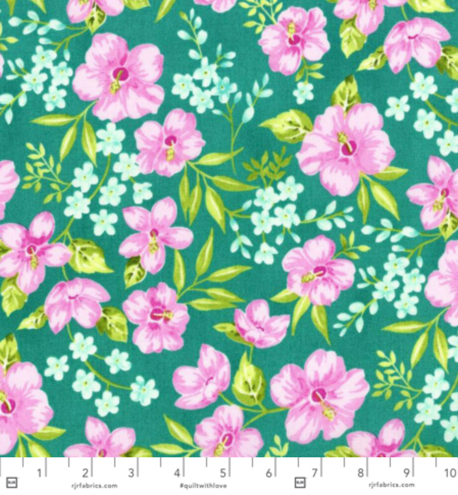 Beach Bash – Hibiscus Hula Pool Side Fabric by RJR Fabrics with blue hibiscus flowers and tropical leaves on cotton.