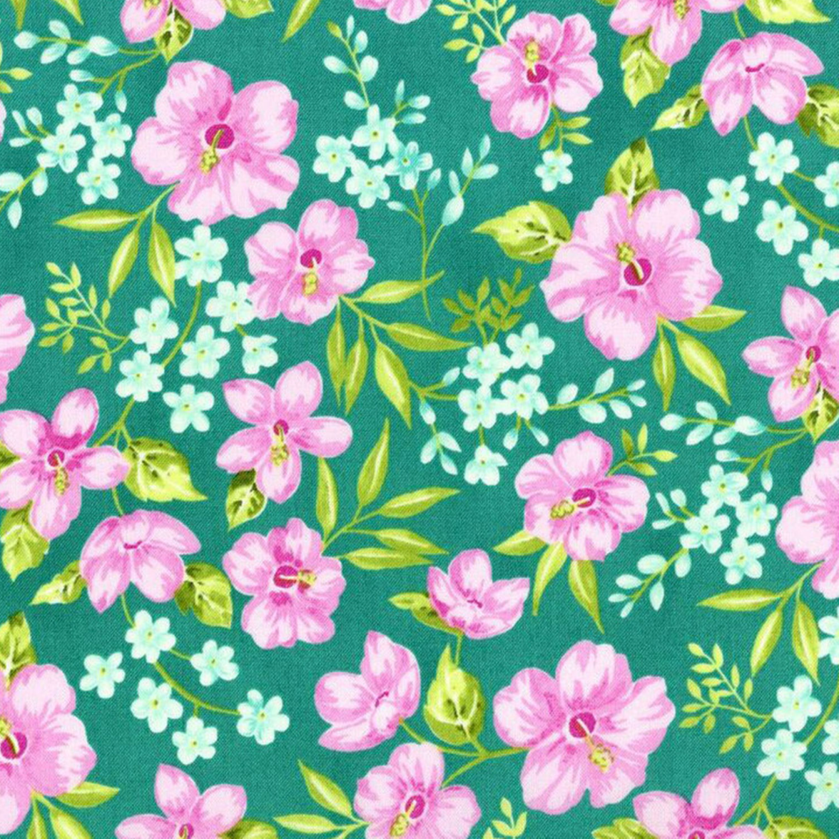 Beach Bash – Hibiscus Hula Pool Side Fabric by RJR Fabrics with blue hibiscus flowers and tropical leaves on cotton.