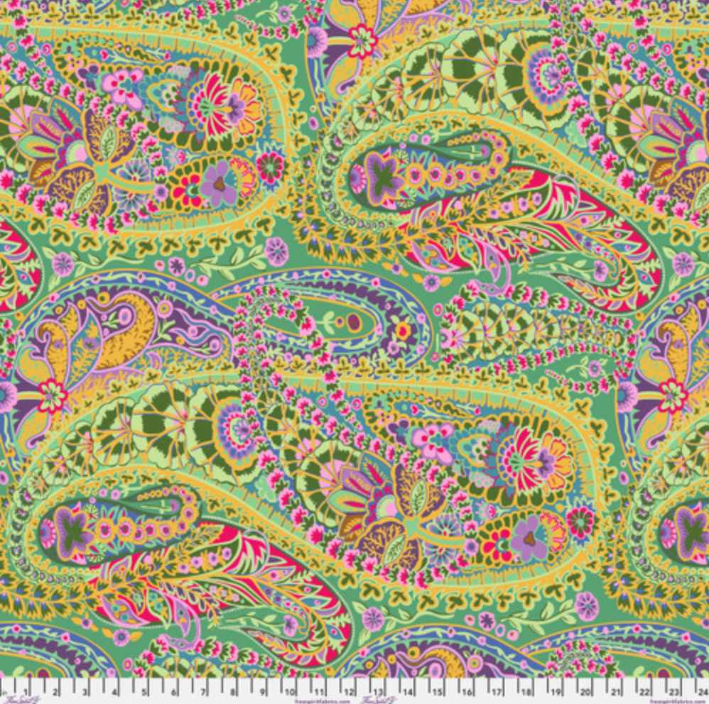 Kaffe Fassett Collective Paisley Jungle Green Fabric GP60.GREEN – vibrant multicolored paisley motifs on a rich green background.