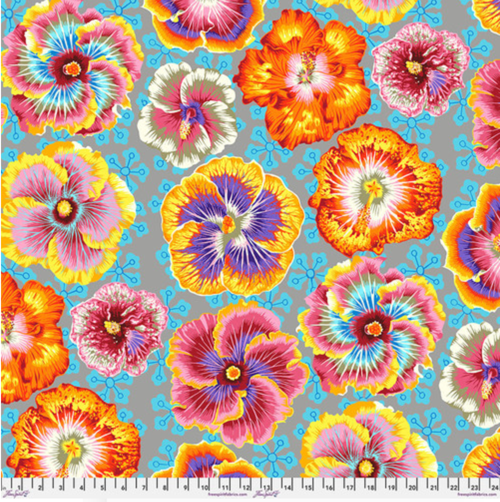 Floating Hibiscus Grey fabric by Philip Jacobs – grey hibiscus floral cotton from the Kaffe Fassett Collective