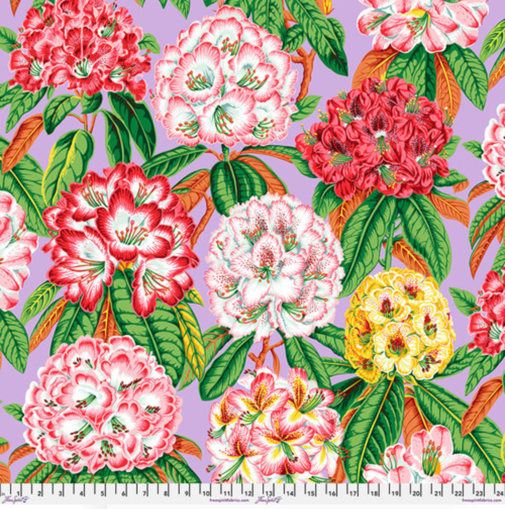 Rhododendrons - Lavender fabric by Philip Jacobs showing large purple flowers and green leaves from the Kaffe Fassett Collective.