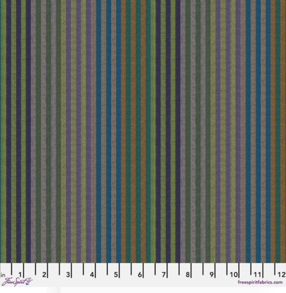 Caterpillar Stripe – Dark fabric with multicolor yarn-dyed stripes from Kaffe Fassett’s Woven Stripes collection.