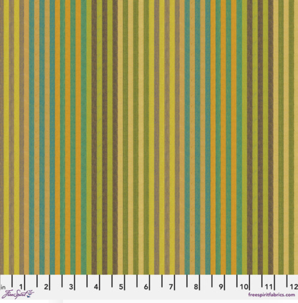 Caterpillar Stripe – Sprout fabric featuring bright yarn-dyed stripes in green, yellow, and aqua from Kaffe Fassett’s Woven Stripes collection.