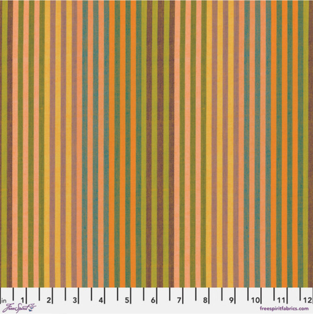 Caterpillar Stripe – Sunshine fabric by Kaffe Fassett with bold yarn-dyed stripes in golden yellow, orange, and beige from the Woven Stripes collection.
