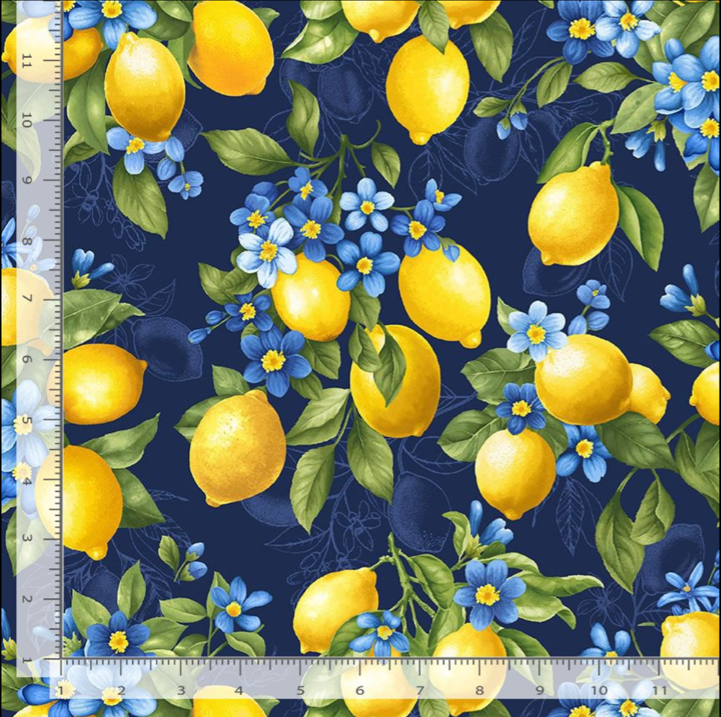 Limoncello - Lemon Bouquet Navy fabric by Timeless Treasures, featuring yellow lemons and blue blossoms on a navy cotton background.