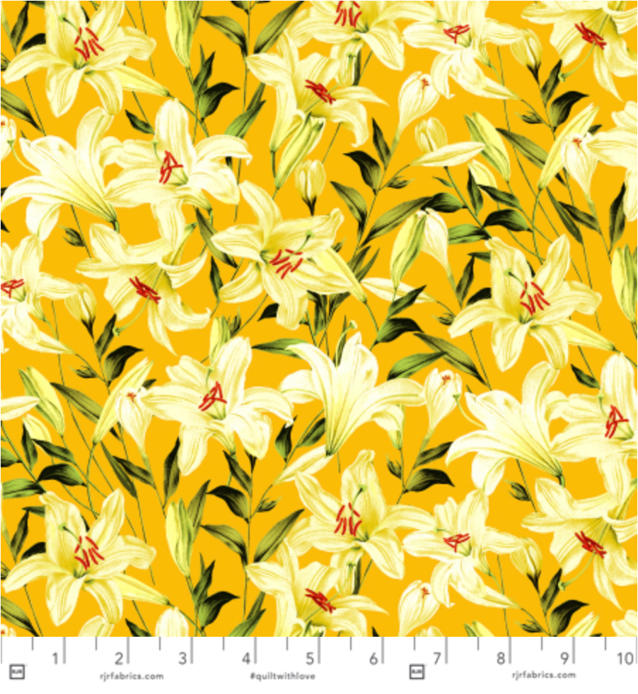 Citrus Garden - Lilies Gold fabric by RJR Fabrics (RJ1403-GO1) featuring golden yellow lily floral print on 100% cotton.