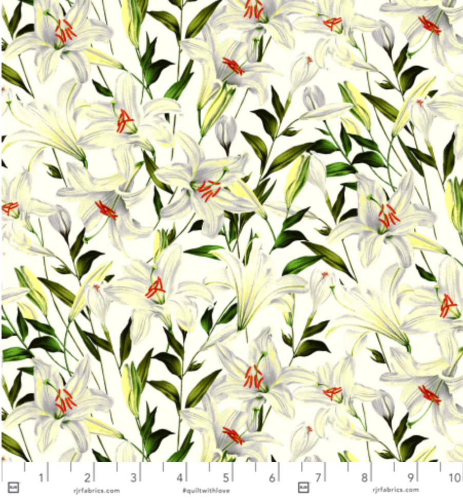 Citrus Garden - Lilies Vanilla fabric by RJR Fabrics (RJ1403-VA3) with cream and ivory lily floral print on 100% cotton.