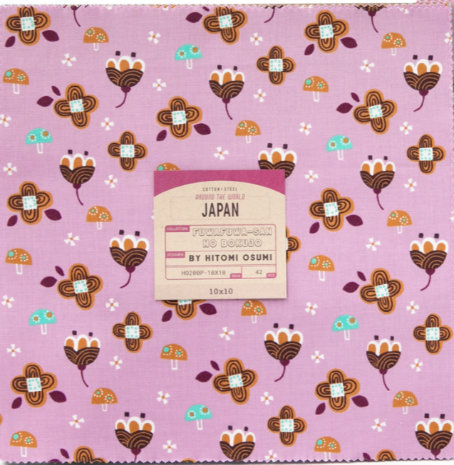 Fuwafuwa-san no Bokujo 10x10 Pack by Hitomi Osumi for Cotton + Steel – 10" fabric squares with whimsical farm and floral prints.
