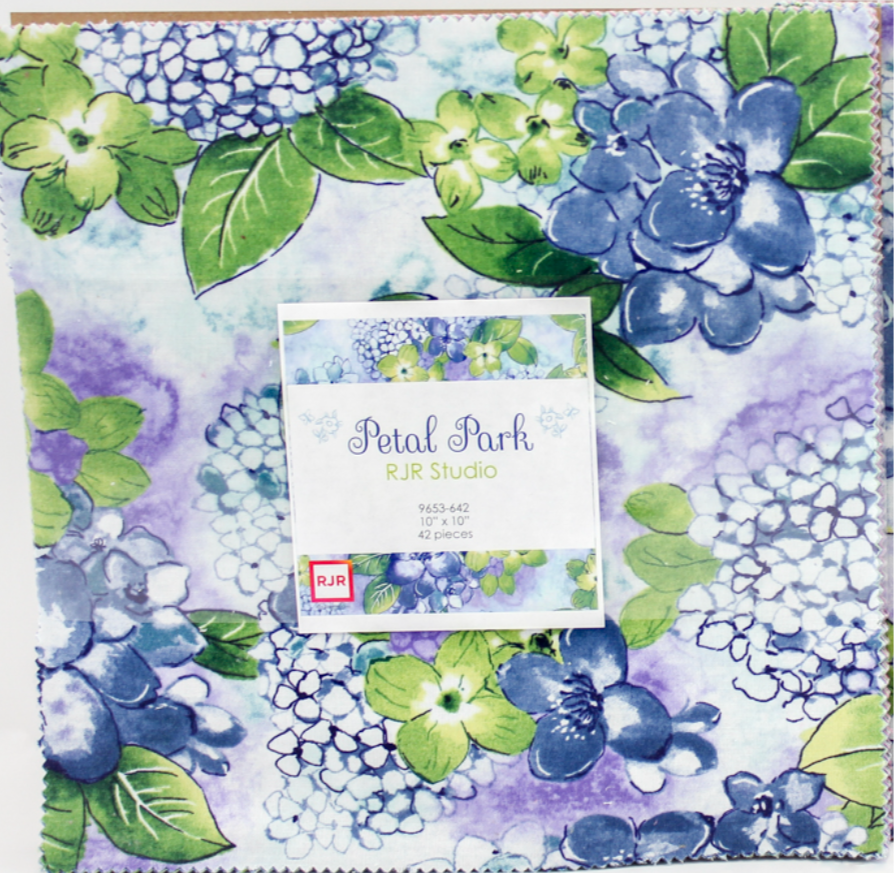 Petal Park Patty Cake by RJR Studio for RJR Fabrics – Floral 10" precut cotton fabric squares in soft spring colors.
