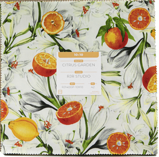Citrus Garden Patty Cake by RJR Studio for RJR Fabrics – 10" fabric squares in vibrant lemon, lime, and floral prints.