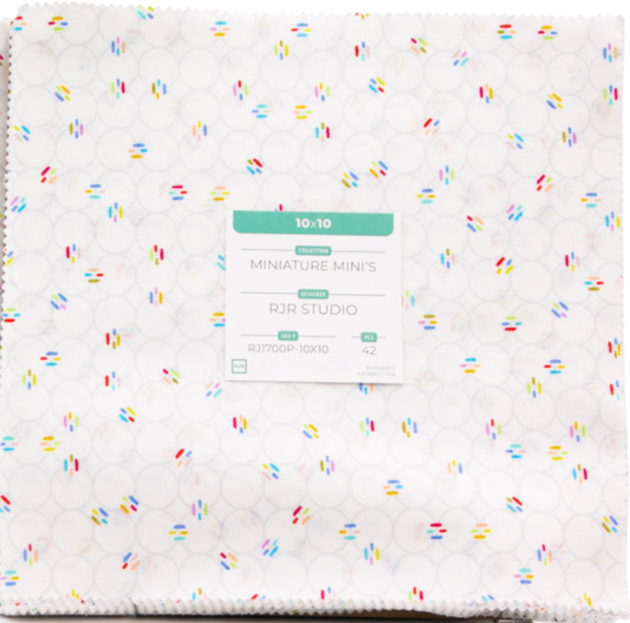Miniature Minis 10x10 Pack by RJR Studio for RJR Fabrics – 10" precut squares in colorful, small-scale prints.