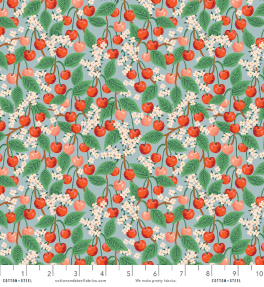 Cherry Blossom Light Blue Fabric by Rifle Paper Co. – soft floral print on blue from Orchard collection for Cotton + Steel.