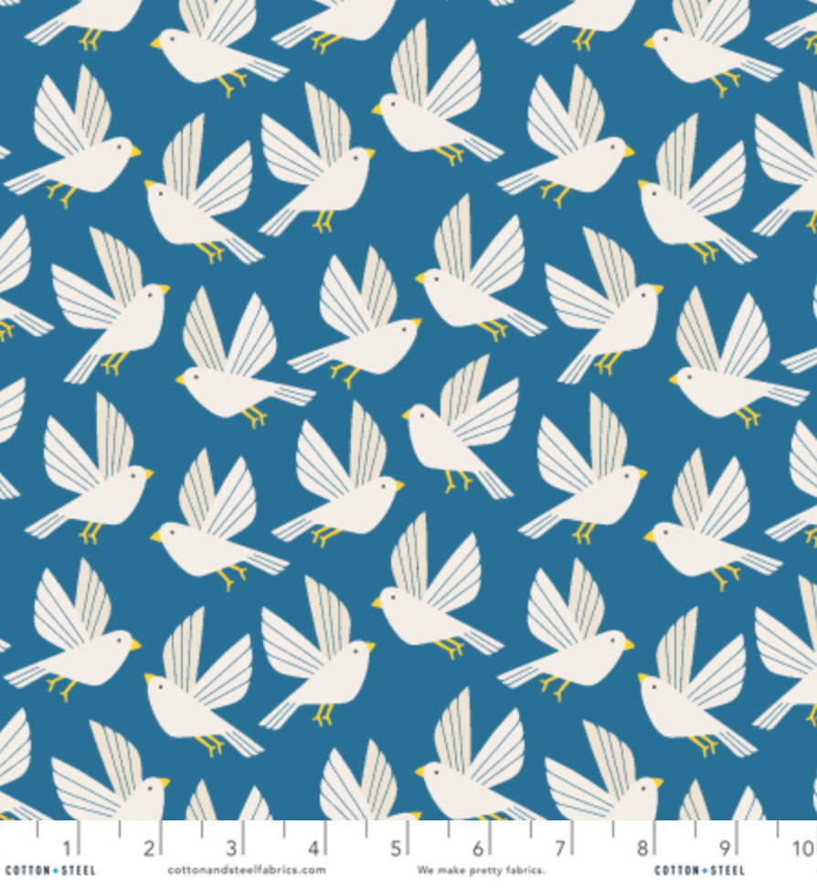 Free As A Bird Rocky Mountain Sky fabric by Loes Van Oosten – modern bird design in blue tones, 100% cotton by Cotton + Steel.