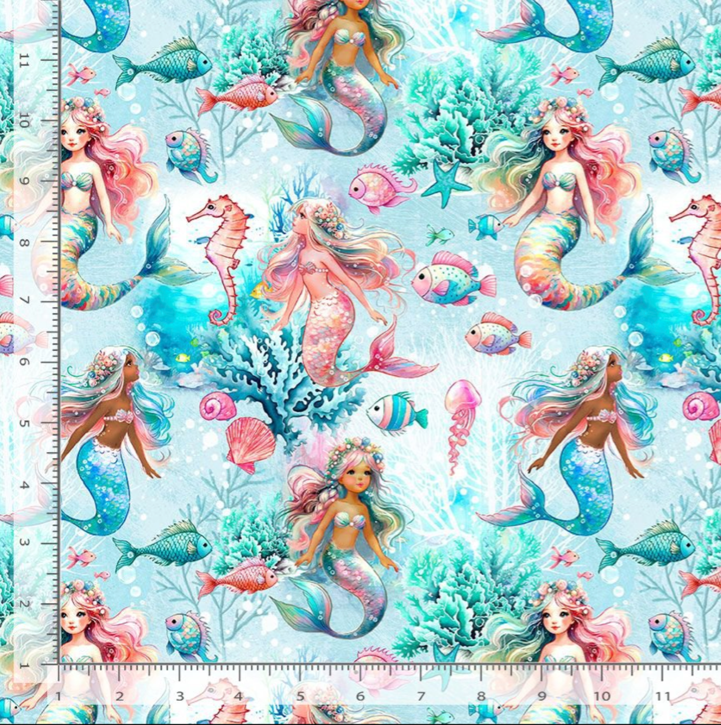 Underwater Mermaids cotton fabric by Timeless Treasures featuring whimsical mermaids and ocean life on pastel background.