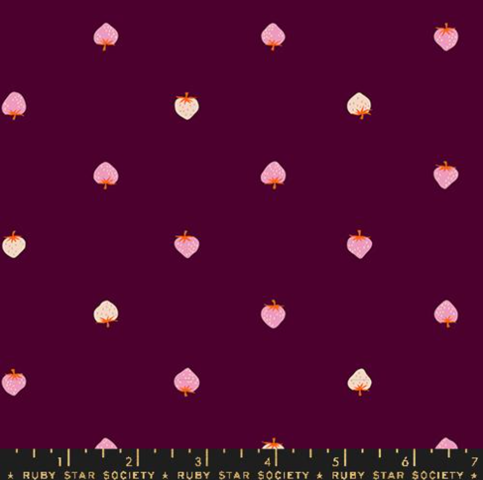 Strawberry Lawn Deep Plum by Kimberly Kight – Ruby Star Society 100% cotton fabric with red strawberries