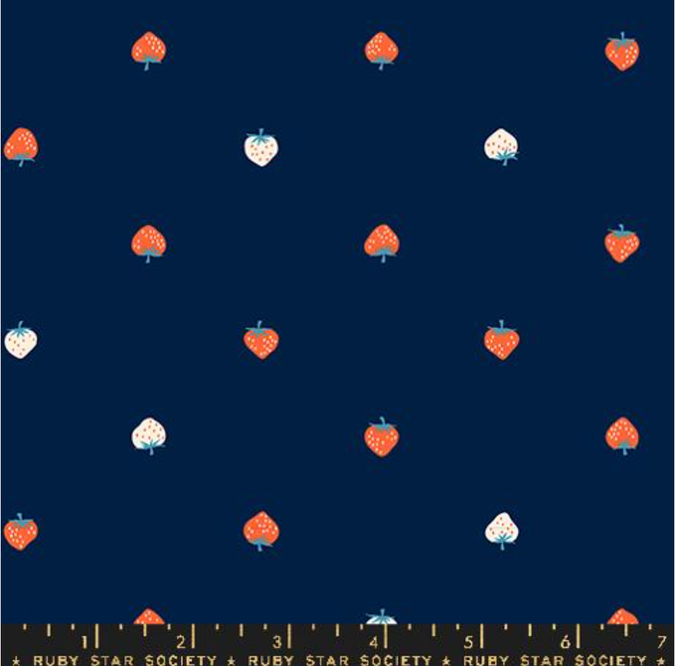 Strawberry Lawn fabric in Navy by Kimberly Kight – Ruby Star Society 100% cotton with red strawberries