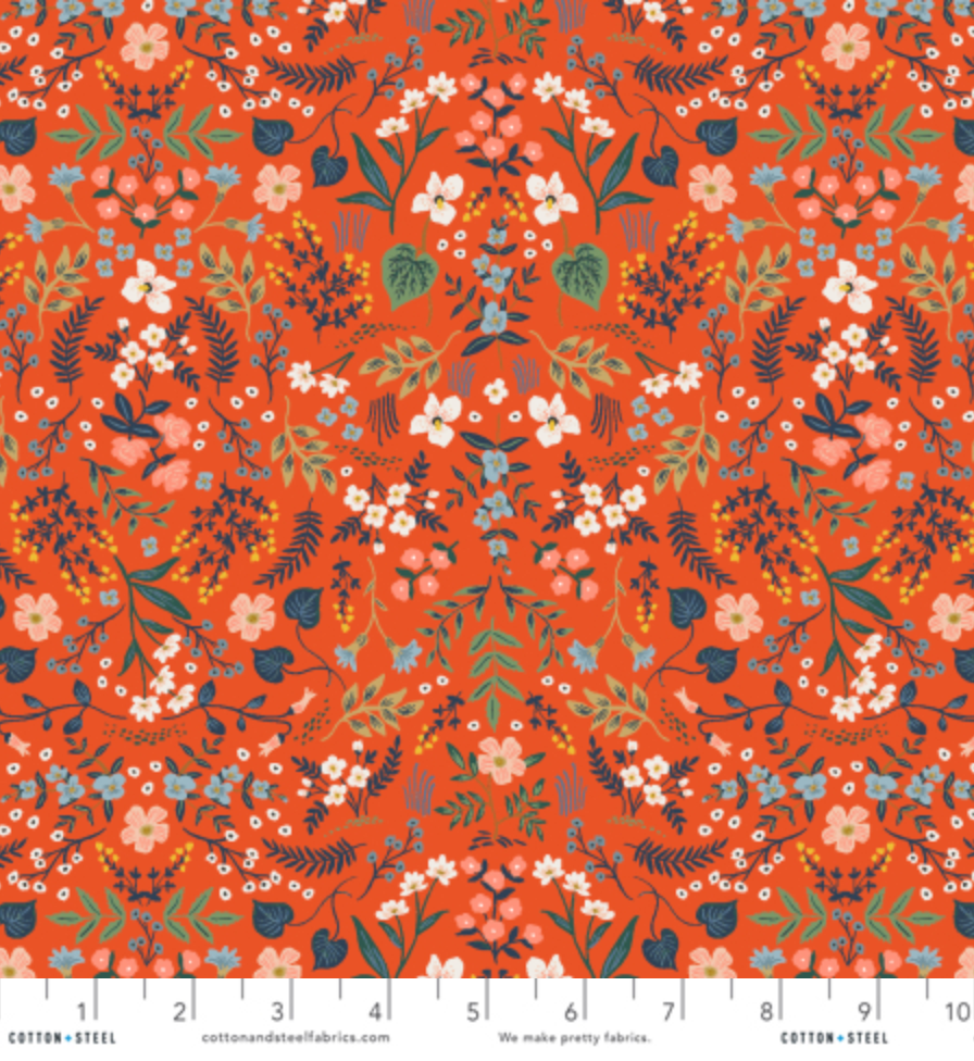 Wildwood Red Metallic cotton fabric by Rifle Paper Co. - floral print and gold metallic accents