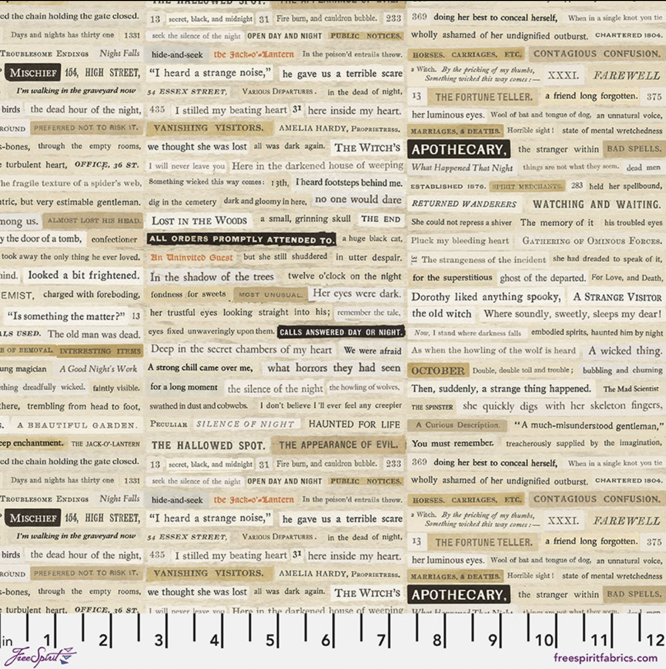 Creepy Clippings Neutral fabric by Tim Holtz - vintage spooky text collage on neutral cotton.