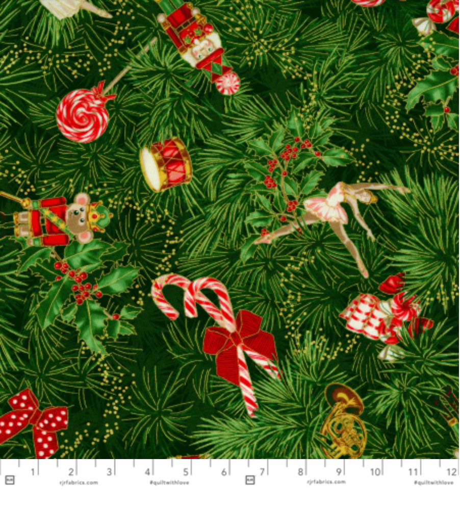Clara’s Tree Tannenbaum Metallic fabric by RJR Studio - green quilting cotton with metallic holiday accents.