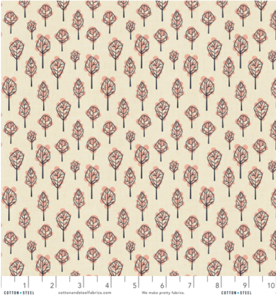 In the Woods Beech Tree Neutral Unbleached fabric by Loes van Oosten - subtle tree motif on natural cotton.