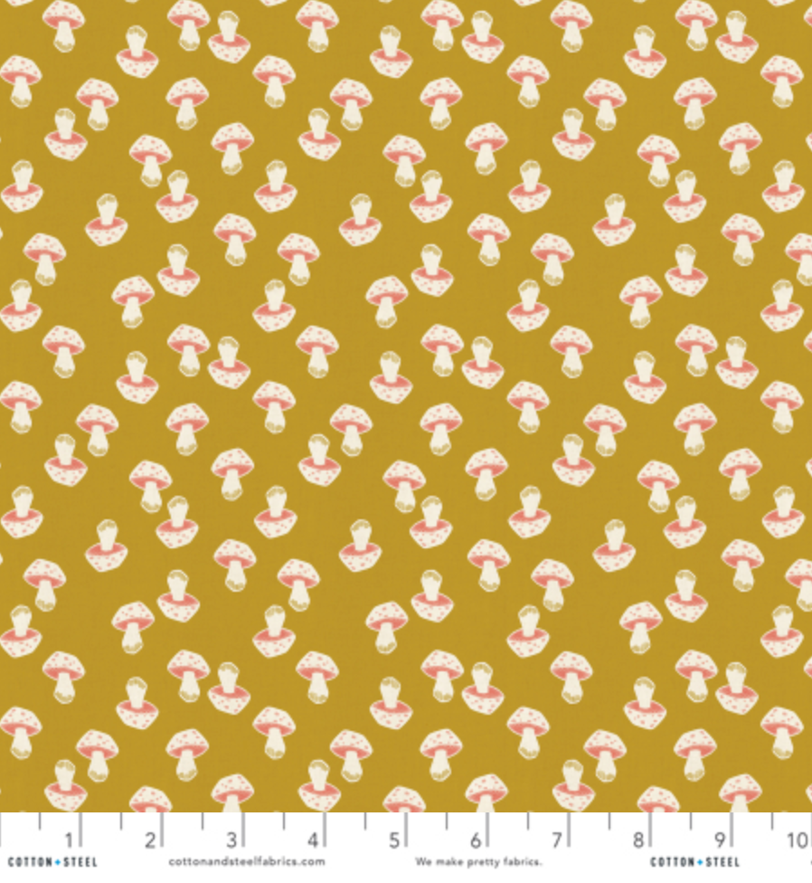 In The Woods – Mushroom Citrine Unbleached fabric by Loes van Oosten: small yellow mushroom print on natural cotton.