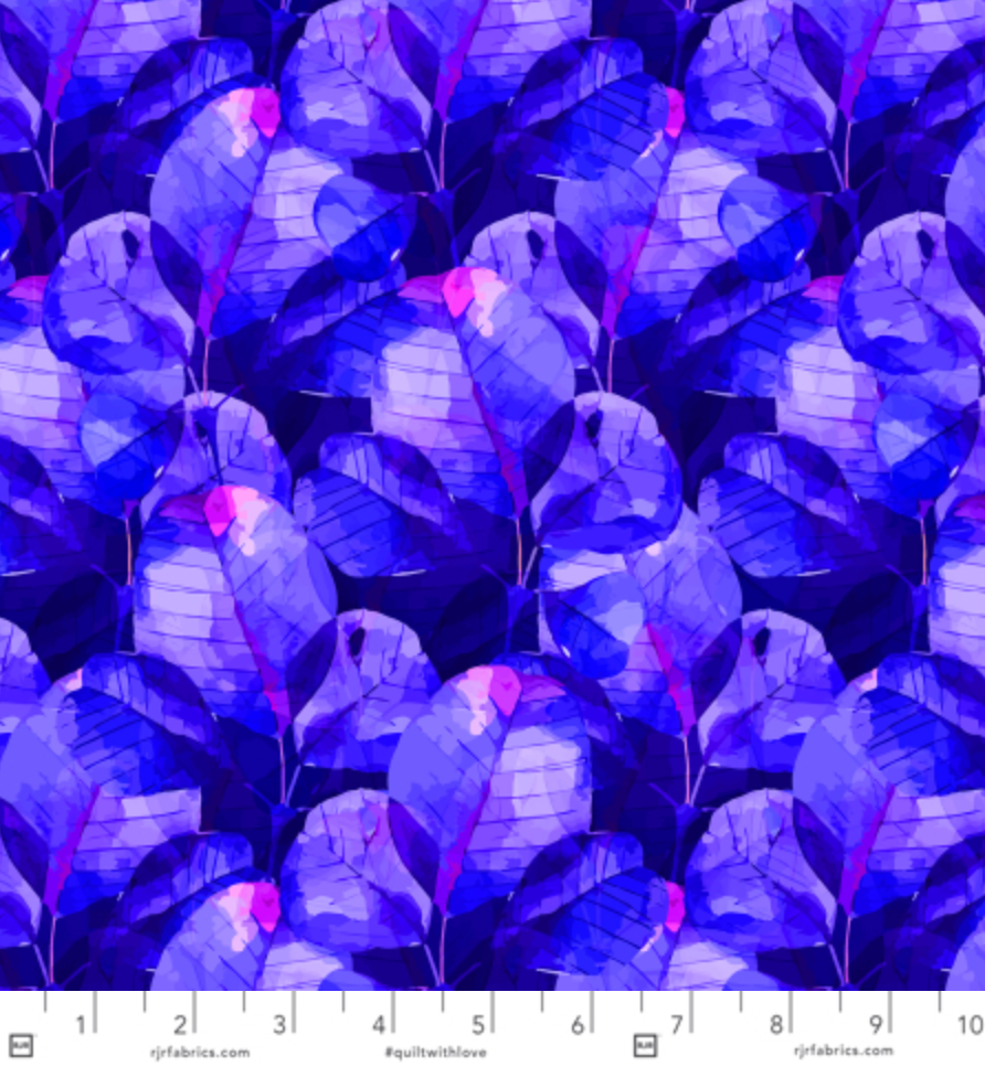 Digitally printed quilting cotton fabric featuring dense, painterly indigo foliage and floral designs on a rich dark background. From the Enchanted Field collection by RJR Studio for RJR Fabrics.