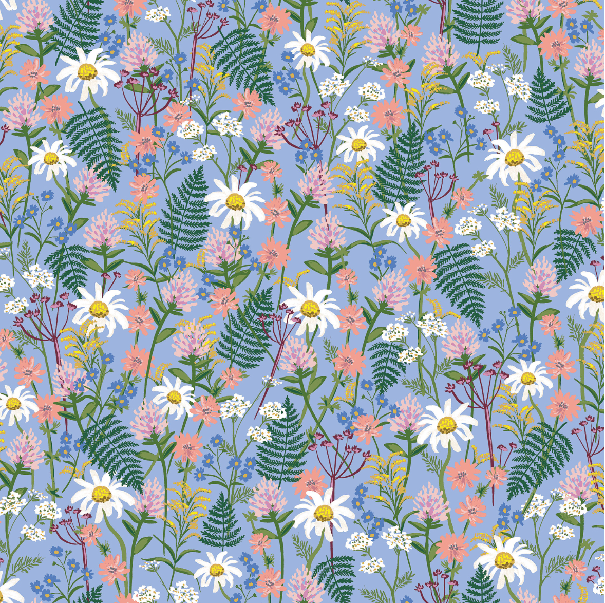 Cotton lawn fabric in periwinkle with delicate Rifle Paper Co. wildflower print - daisies, clovers and foliage on soft blue background.