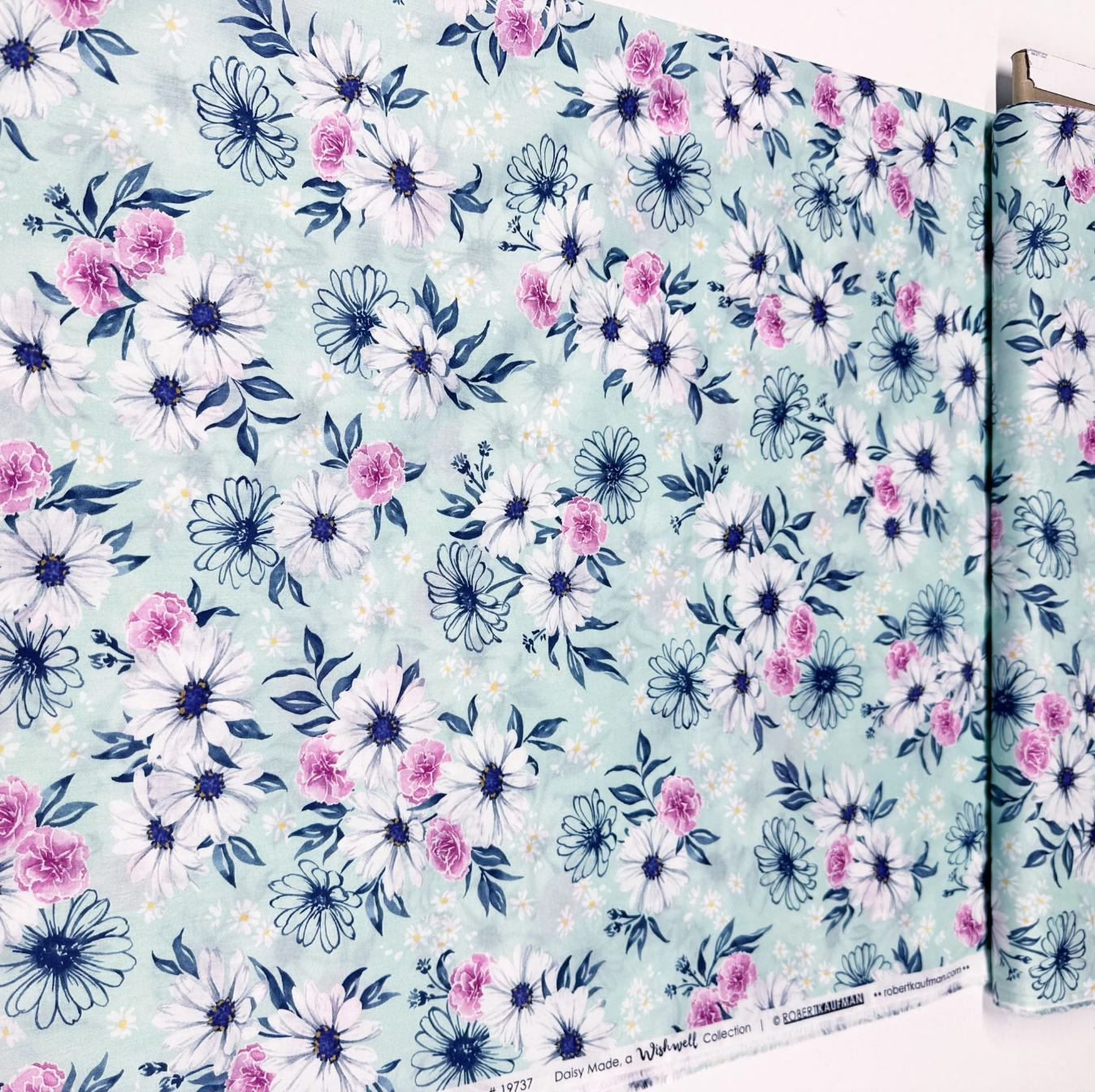 Wishwell Lawns Florals Mint Cotton Lawn Fabric by Vanessa Lillrose and Linda Fitch for Robert Kaufman – lightweight floral mint fabric.