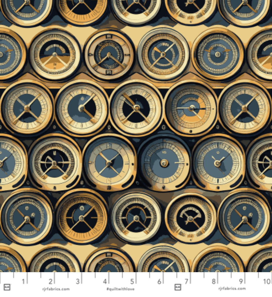 Aviator - Gauge The Situation - Parchment Fabric by RJR Studio for RJR Fabrics, vintage aviation gauge design on parchment cotton.