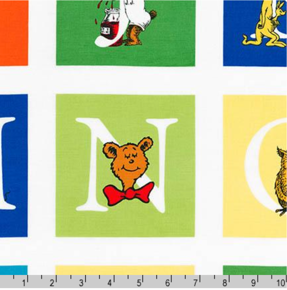 ABC Alphabet Fabric by Dr. Seuss for Robert Kaufman, colorful alphabet cotton fabric for kids quilts and educational crafts