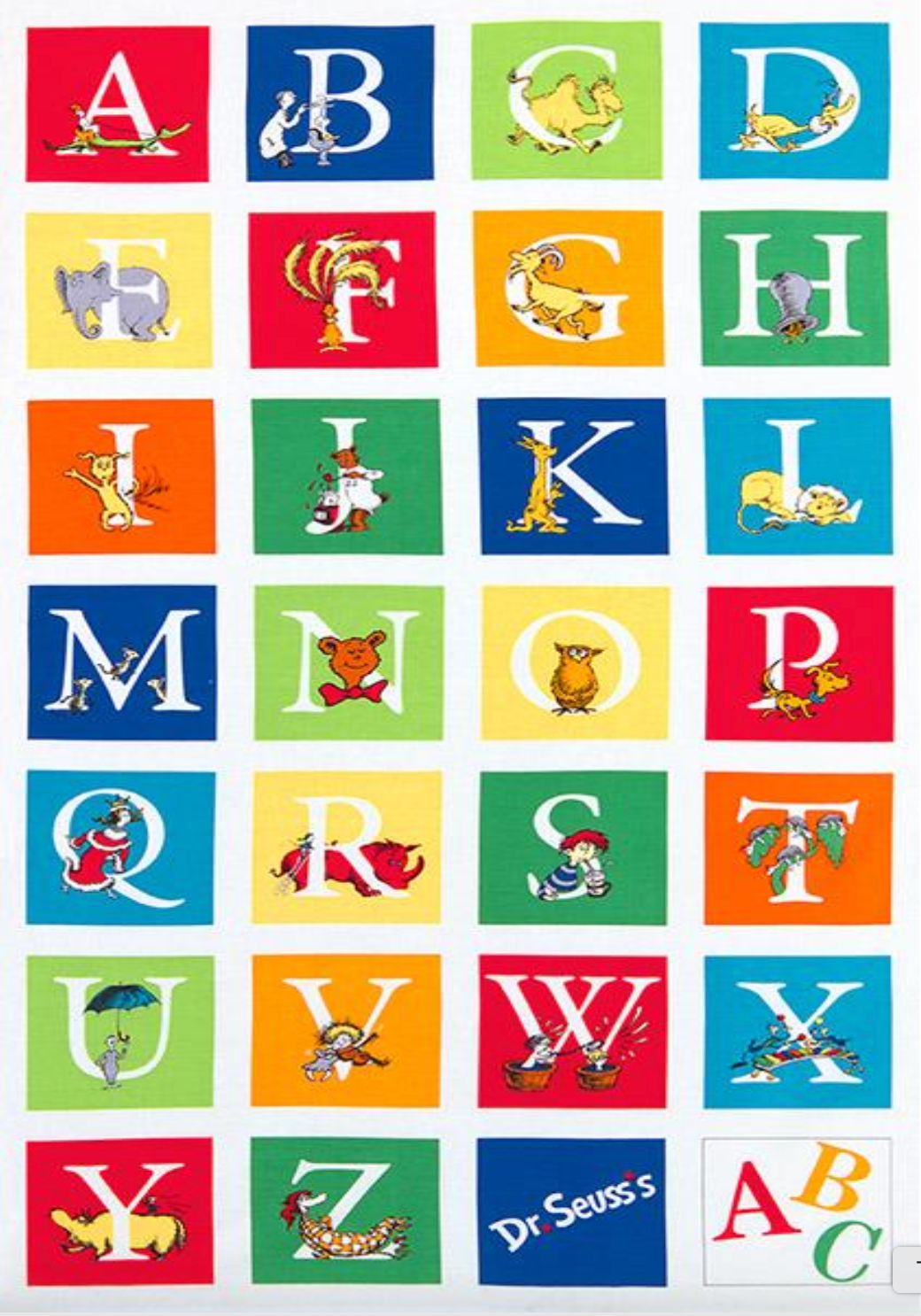 ABC Alphabet Fabric by Dr. Seuss for Robert Kaufman, colorful alphabet cotton fabric for kids quilts and educational crafts