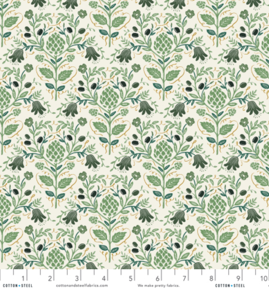 Dahlia Artichoke Cream Metallic Fabric by Rifle Paper Co. for Cotton + Steel Fabrics, 100% cotton quilting fabric