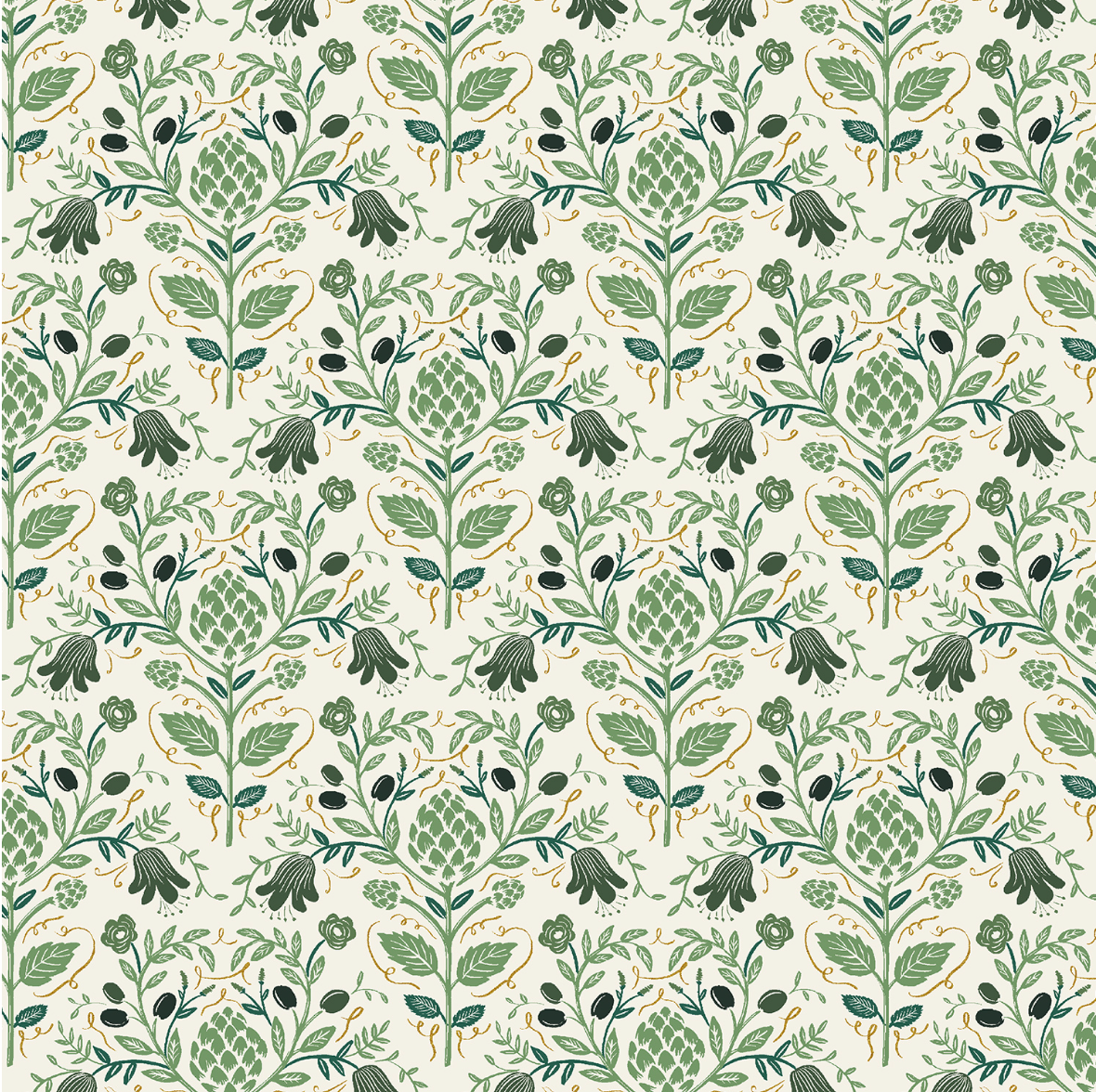 Dahlia Artichoke Cream Metallic Fabric by Rifle Paper Co. for Cotton + Steel Fabrics, 100% cotton quilting fabric