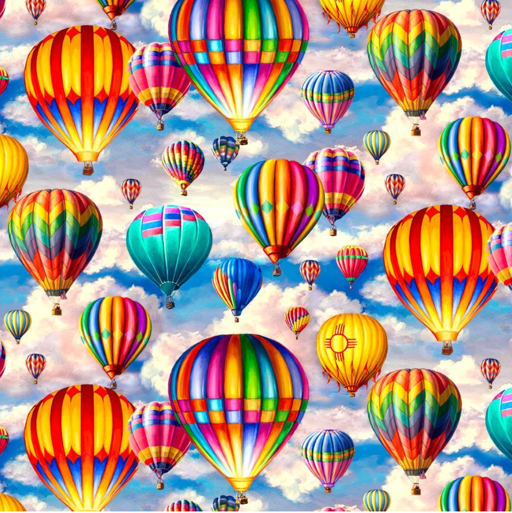 Tour Around The World – Hot Air Balloon Fabric by Dona Gelsinger for Timeless Treasures, quilting cotton with colorful balloons in blue sky