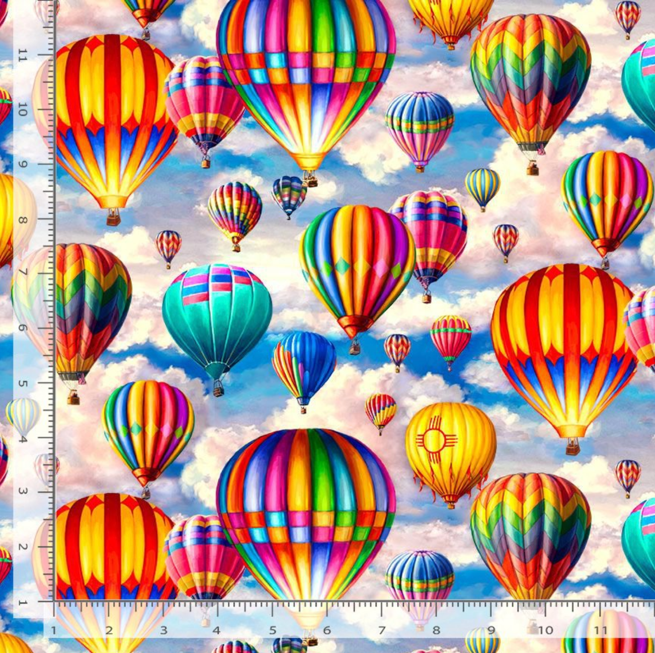 Tour Around The World – Hot Air Balloon Fabric by Dona Gelsinger for Timeless Treasures, quilting cotton with colorful balloons in blue sky