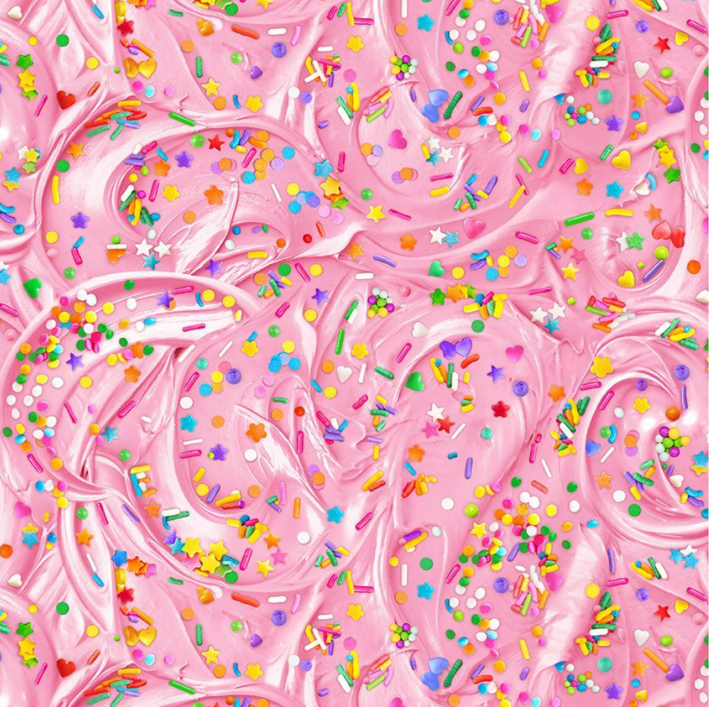 The Sweet Life – Sweet Frosting Fabric by Timeless Treasures, quilting cotton with rainbow frosting swirls on pink background