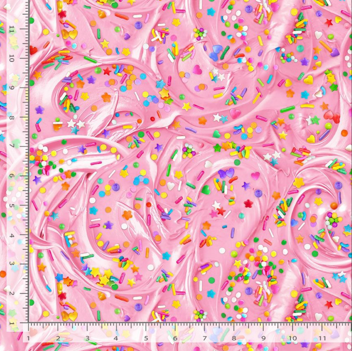 The Sweet Life – Sweet Frosting Fabric by Timeless Treasures, quilting cotton with rainbow frosting swirls on pink background